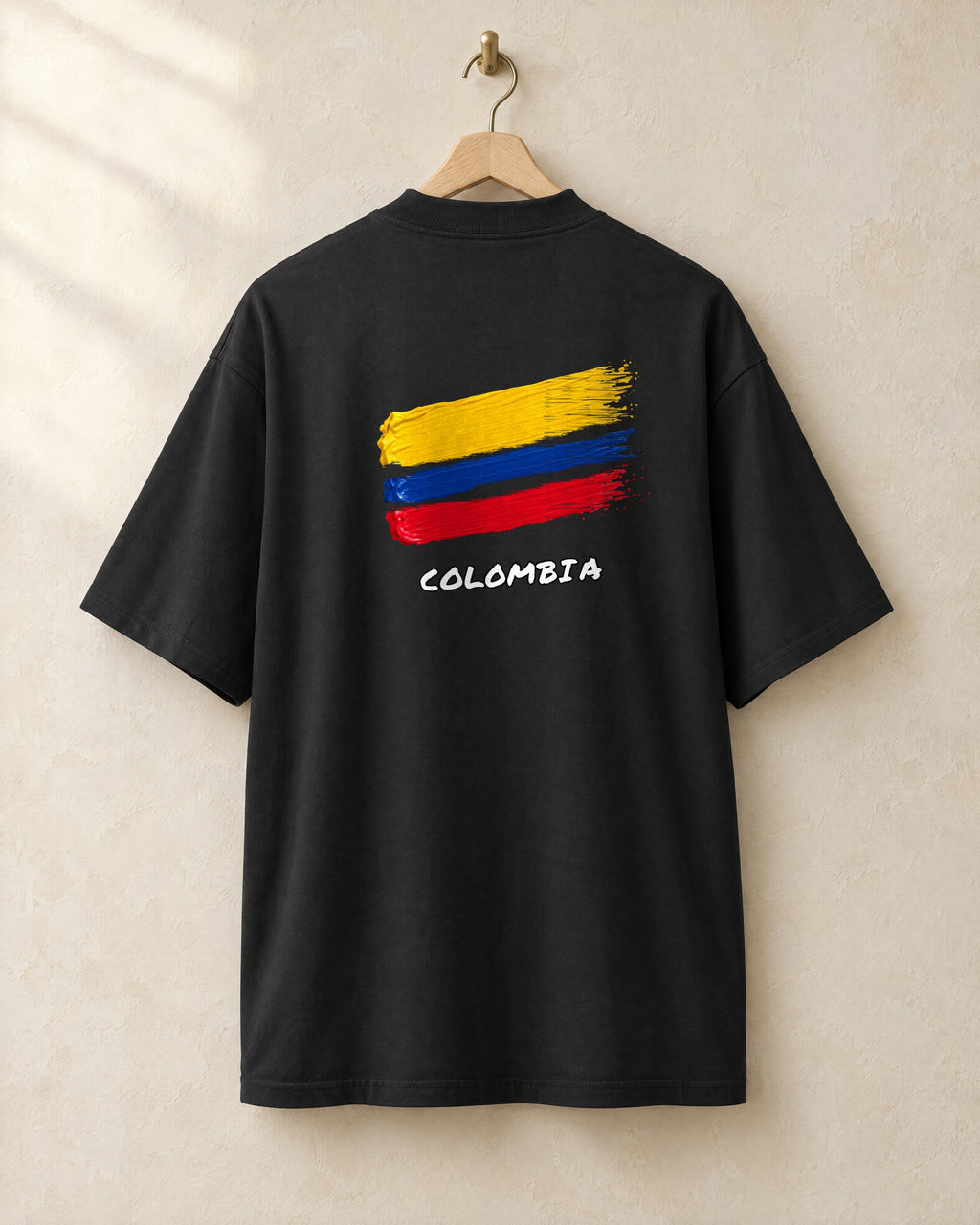 Bandera tee in black, back, on a hanger
