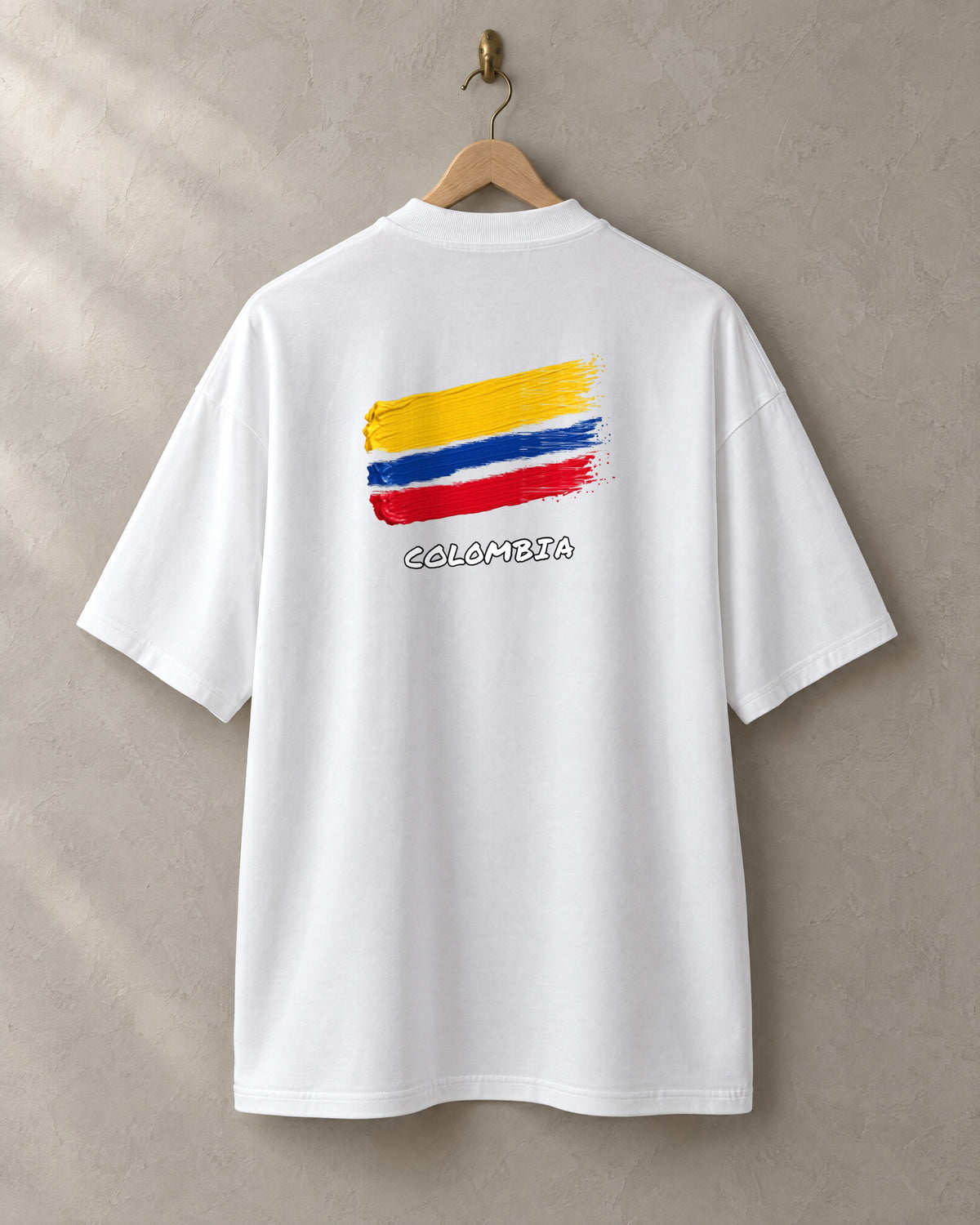 Bandera tee in white, back, on a hanger