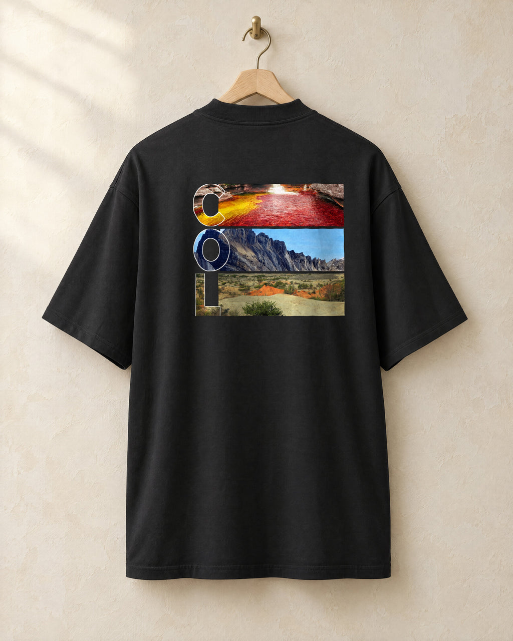 COL tee in black, back, on a hanger