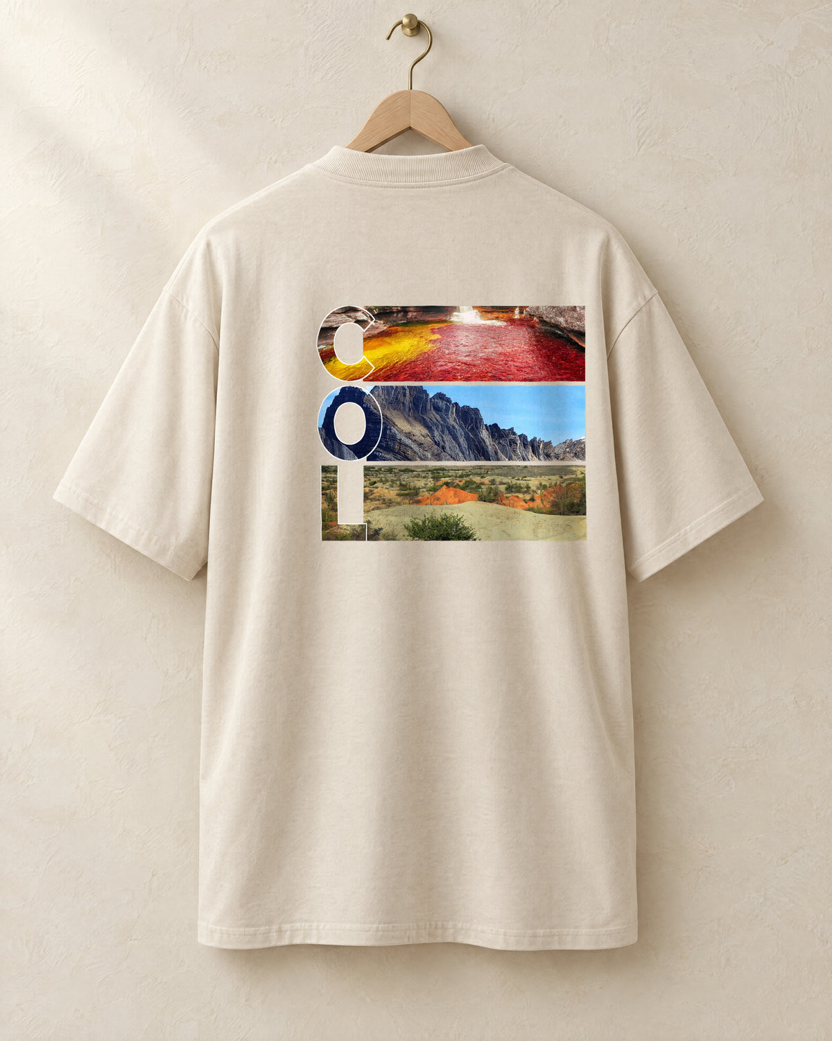 COL tee in cream, back, on a hanger