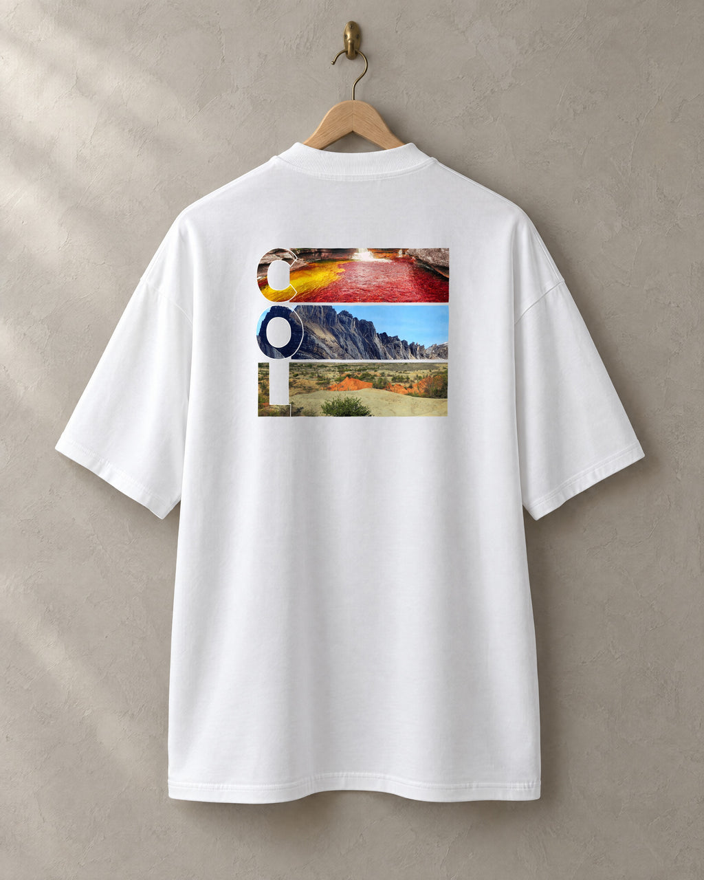 COL tee in white, back, on a hanger