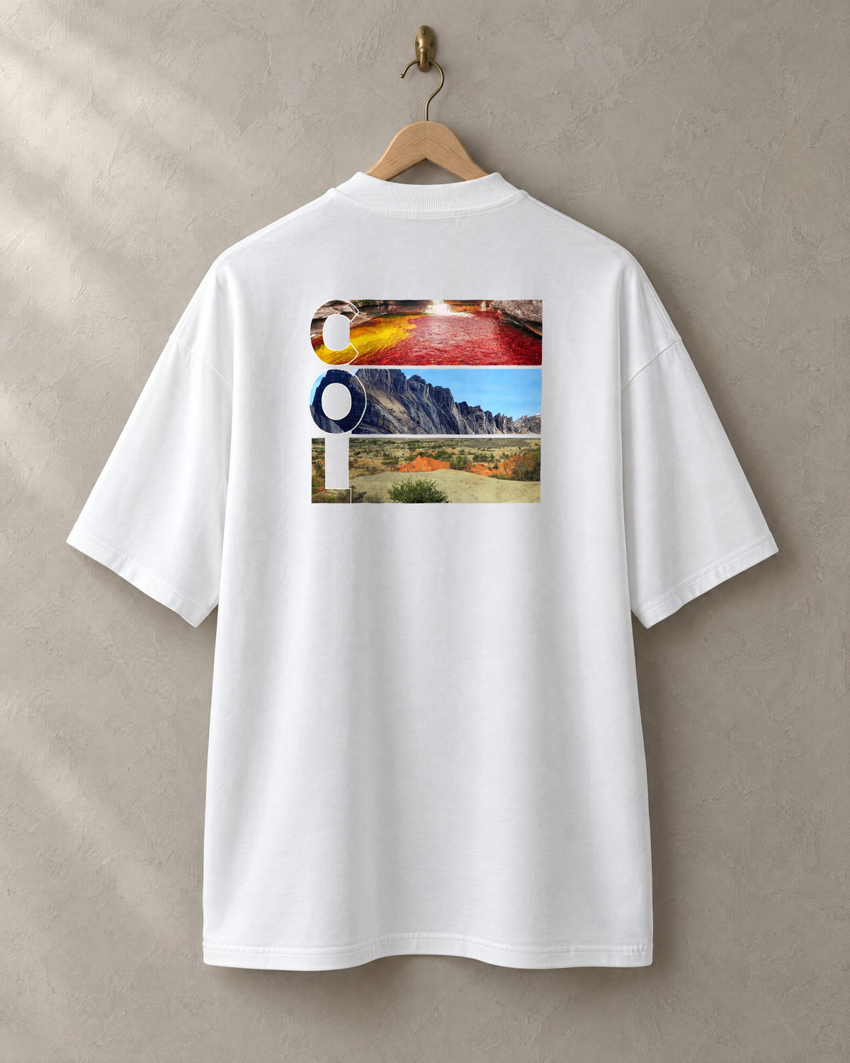 COL tee in white, back, on a hanger