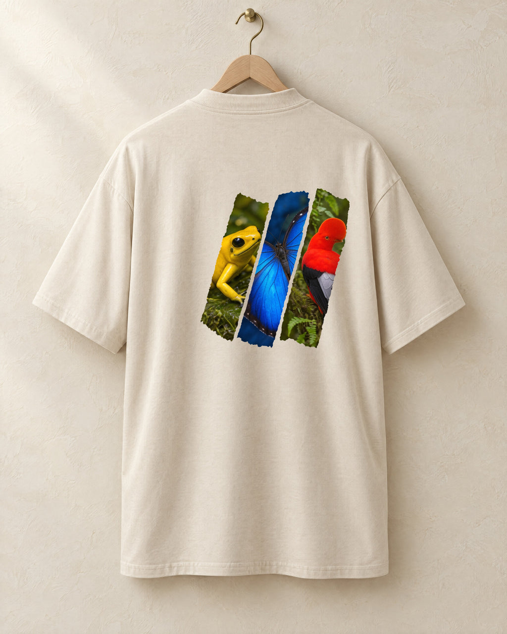 Diagonal tee in cream, back, on a hanger