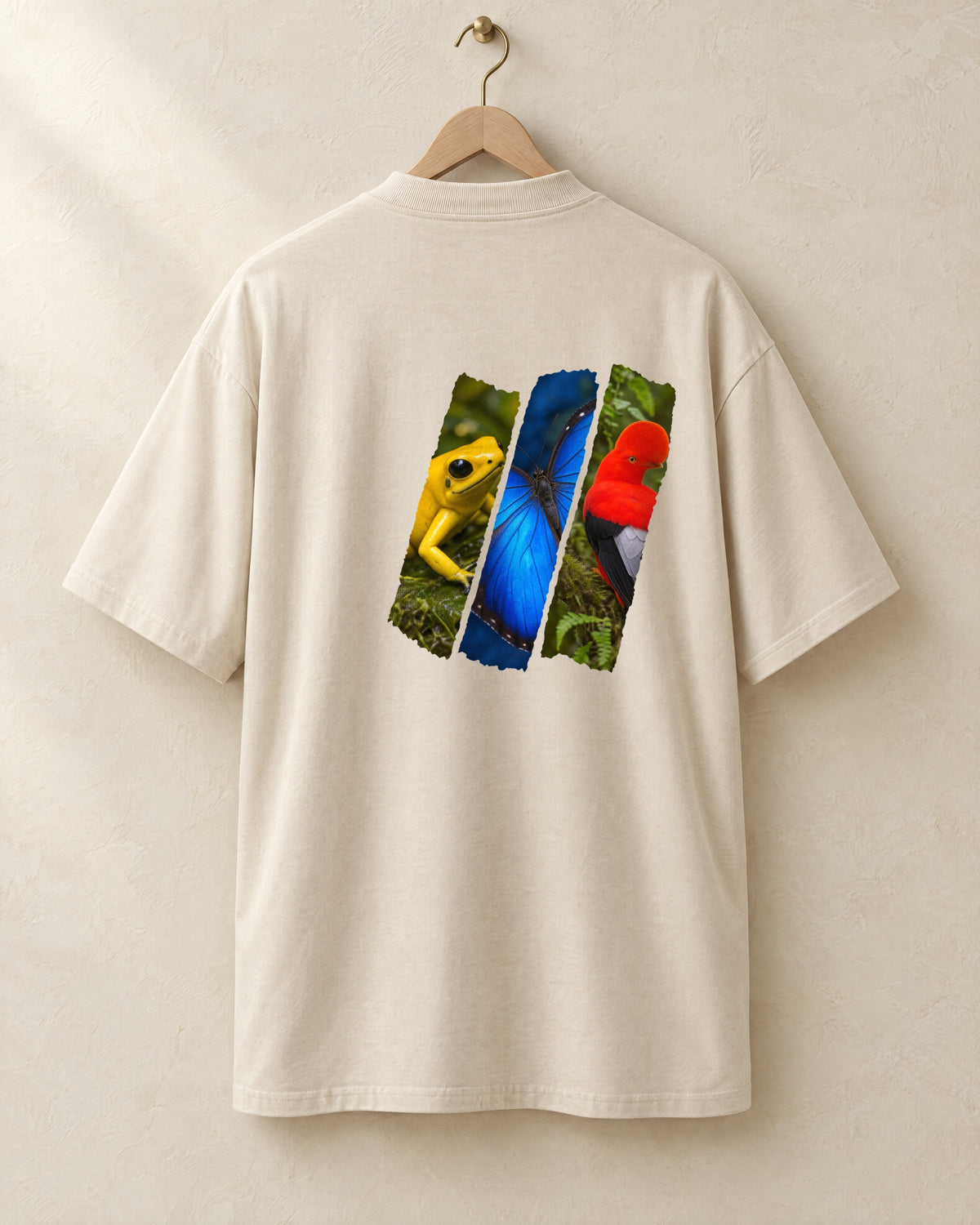 Diagonal tee in cream, back, on a hanger