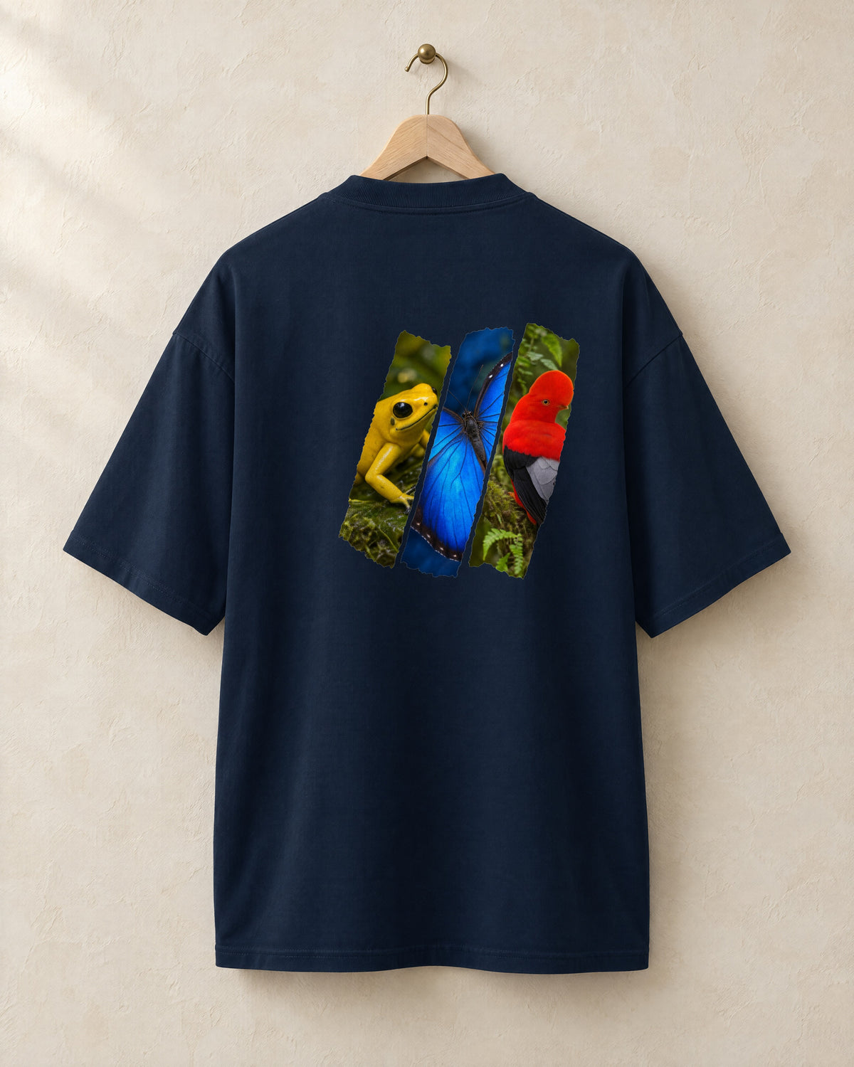 Diagonal tee in French navy, back, on a hanger