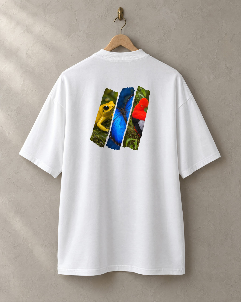 Diagonal tee in white, back, on a hanger