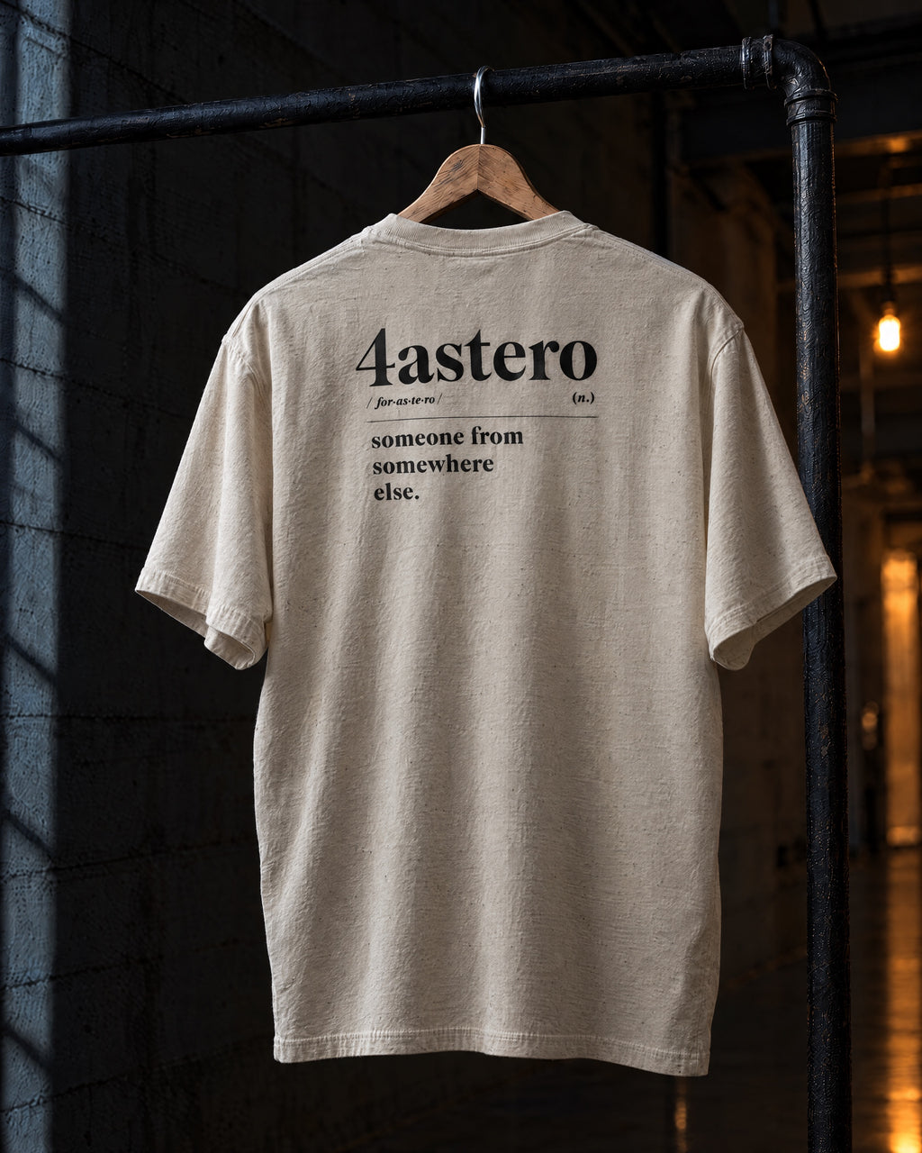 Dictionary back print on a natural 4ASTERO heavyweight tee, on a hanger