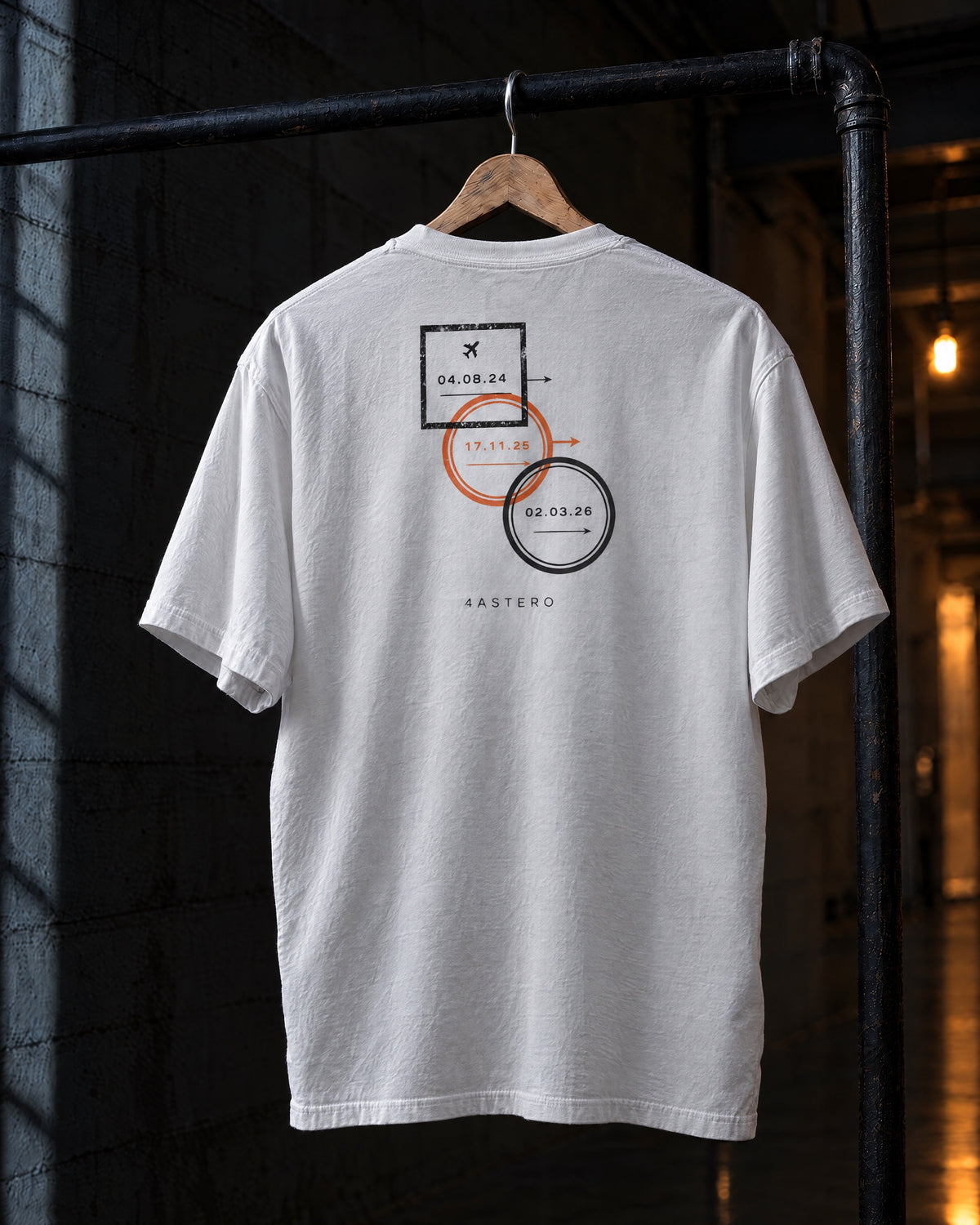 Passport back print on a white 4ASTERO heavyweight tee, on a hanger