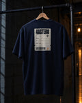 Boarding Pass back print on a navy 4ASTERO heavyweight tee, on a hanger