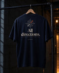 All Directions back print on a navy 4ASTERO heavyweight tee, on a hanger