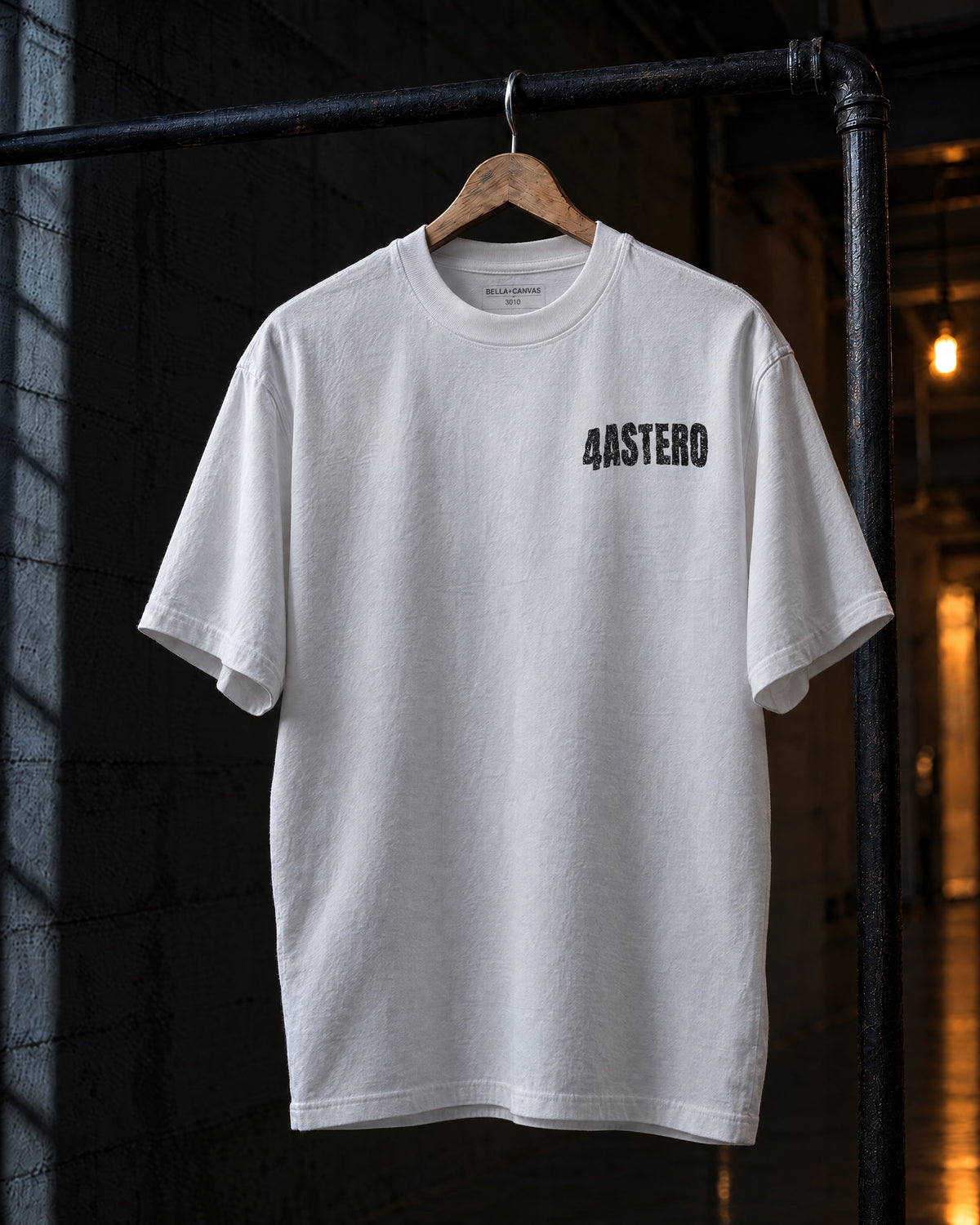 Front of the white 4ASTERO heavyweight tee with the small chest logo, on a hanger