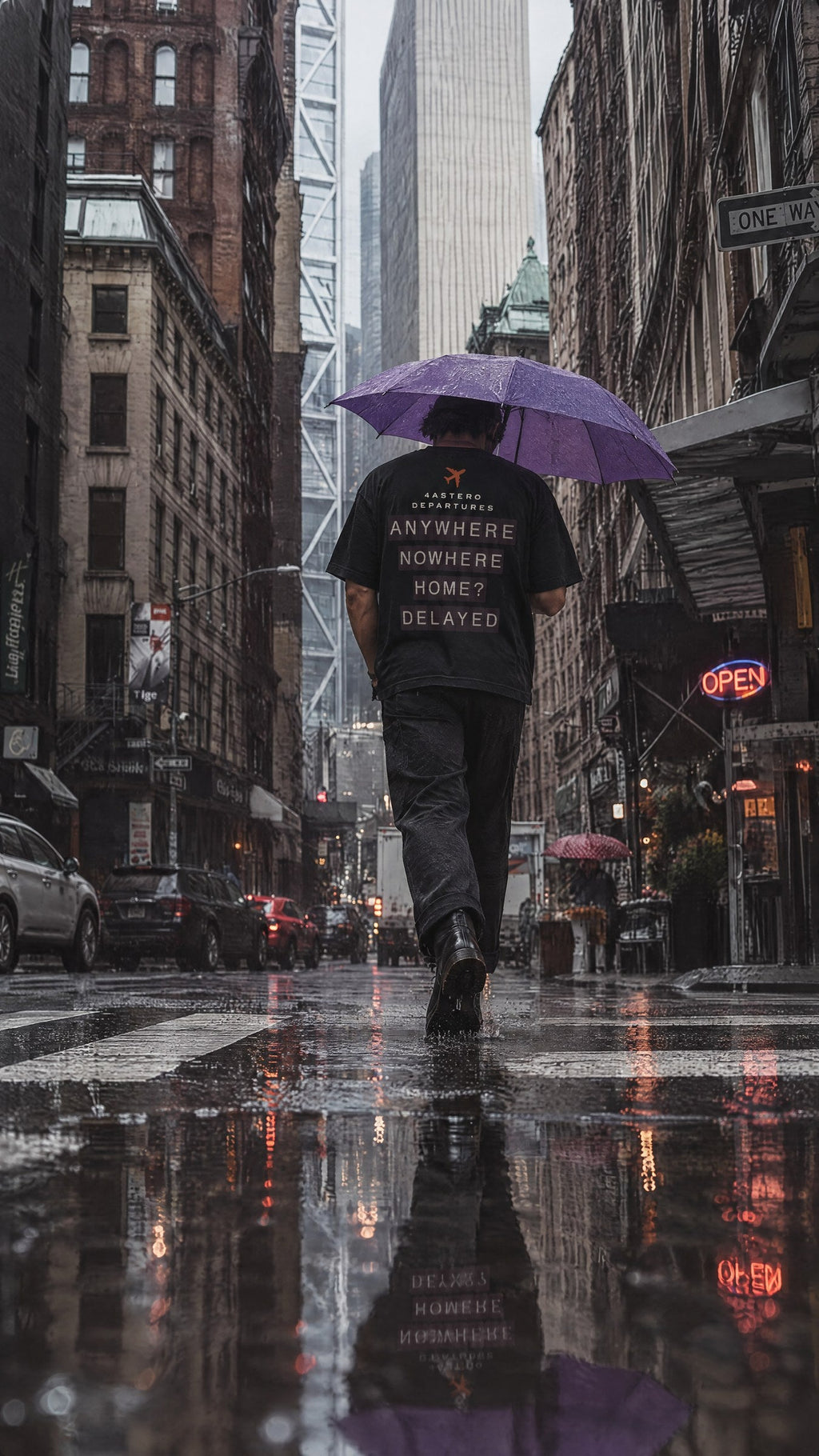 Departures back print on a black 4ASTERO heavyweight tee, rainy street