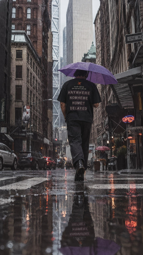 Departures back print on a black 4ASTERO heavyweight tee, rainy street