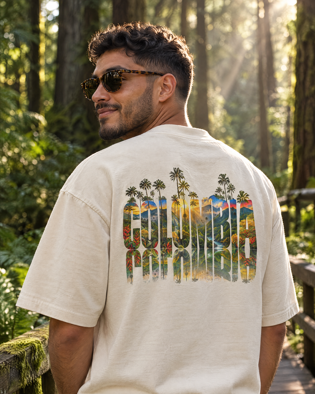 Man in a cream Naturaleza tee in the Capilano forest