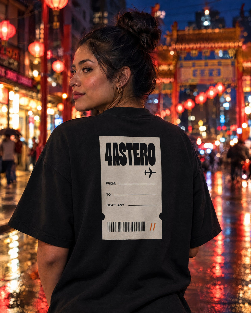 Boarding Pass back print on a black 4ASTERO tee, Chinatown at night