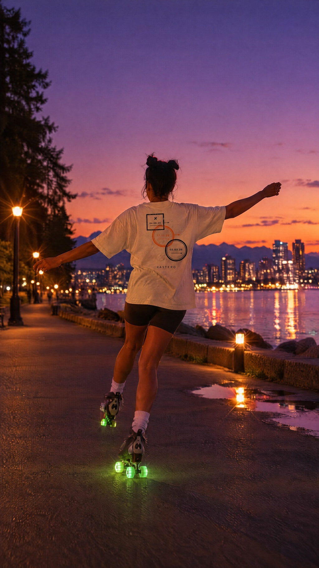 Passport stamps back print on a natural 4ASTERO tee, English Bay at dusk