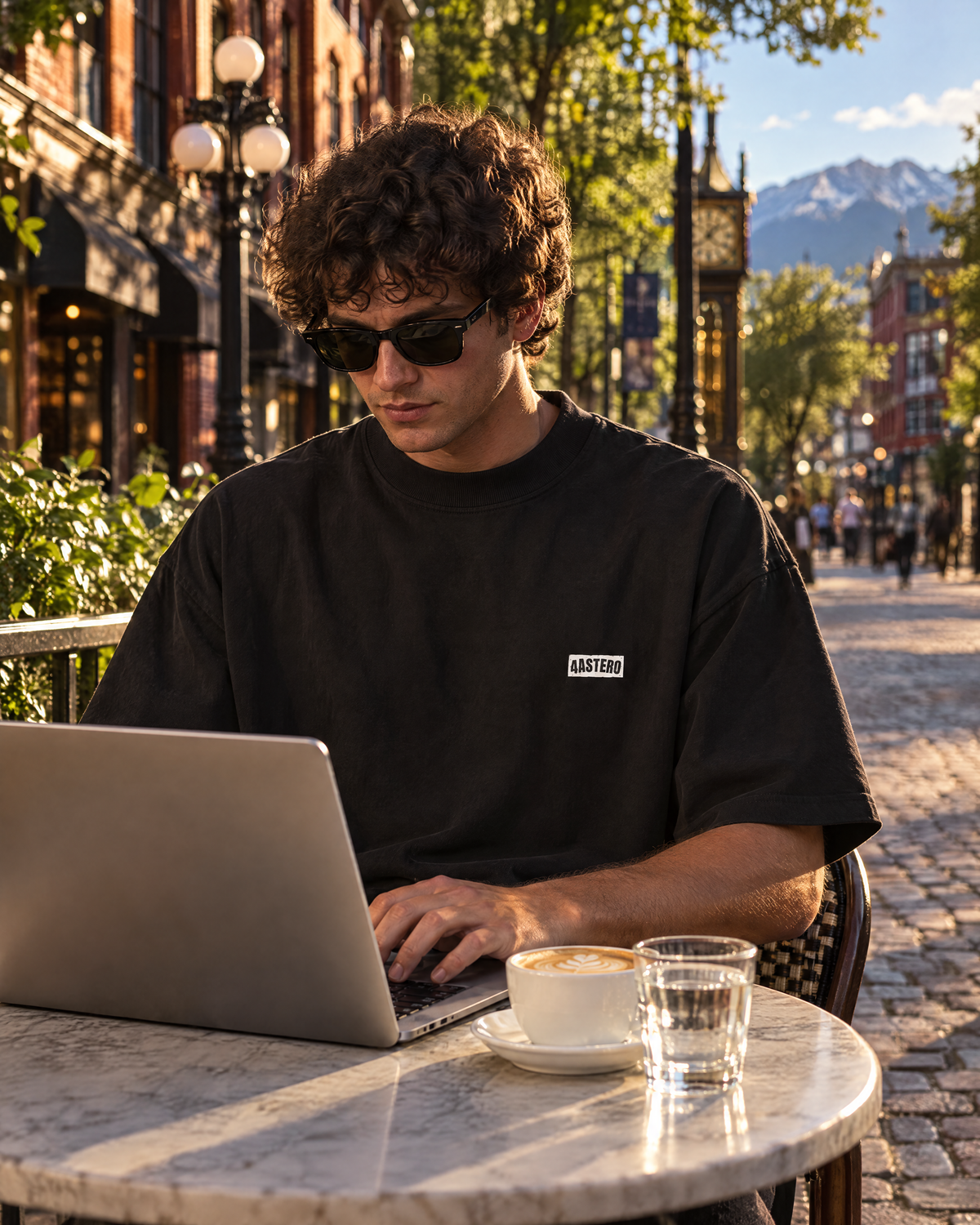 Man in a black 4ASTERO tee at a Gastown cafe terrace in golden-hour light