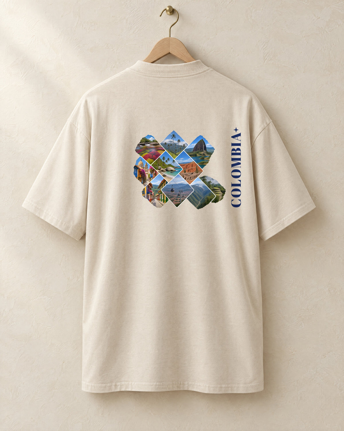 Lugares tee in cream, back, on a hanger