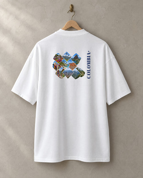 Lugares tee in white, back, on a hanger