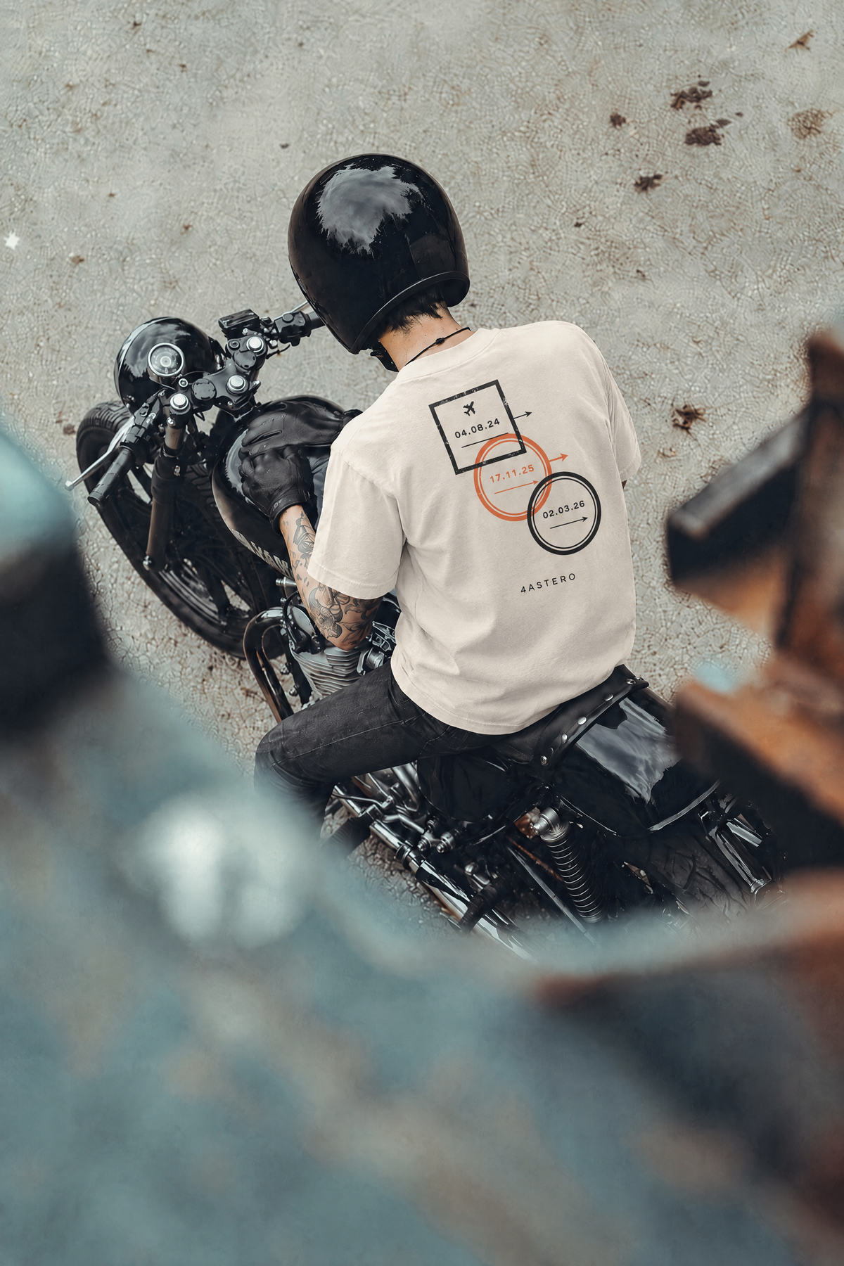 Rider on a motorcycle wearing the natural Passport tee